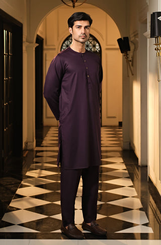 Manto Men's Deep Purple Wash-n-Wear Lucknow Collar Kurta & Pajama Set