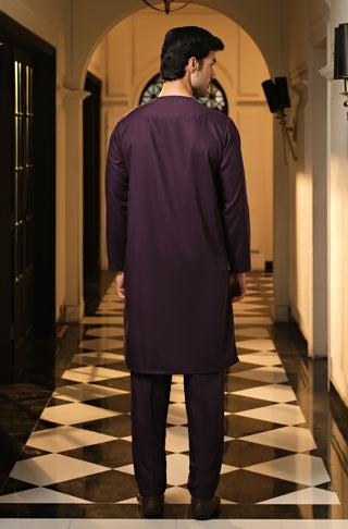 Manto Men's Deep Purple Wash-n-Wear Lucknow Collar Kurta & Pajama Set