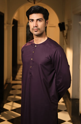 Manto Men's Deep Purple Wash-n-Wear Lucknow Collar Kurta & Pajama Set