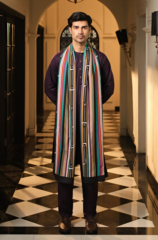Manto Men's Deep Purple Wash-n-Wear Lucknow Collar Kurta & Pajama Set Paired with Rangreza Odhni