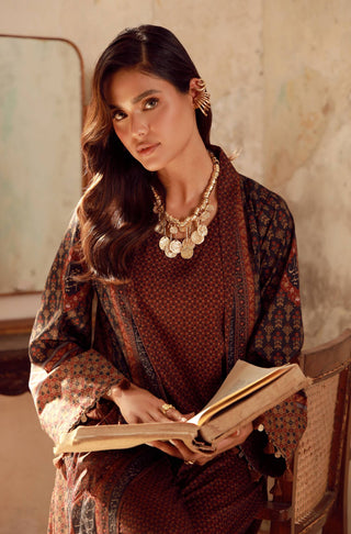 Manto Women's Ready to Wear Brown Outerwear Long Shrug with Urdu Calligraphy