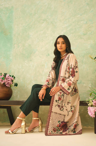 Women's Floral Printed Beige Outerwear Shrug Paired with Forest Green Inner & Straight Pants