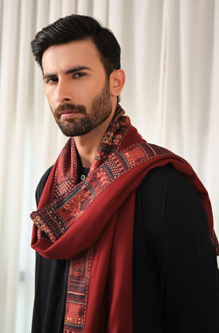 Manto's Unisex Maroon Manzil Shawl with Urdu Calligraphy Printed on Borders