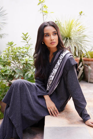 Manto Women's 2 Piece Black Solid Kalidaar Co-ord Set Paired with Hayaat Shawl