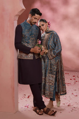 Manto Women's Festive Wear 3 Piece Raw Silk Grey Set with Urdu Calligraphy