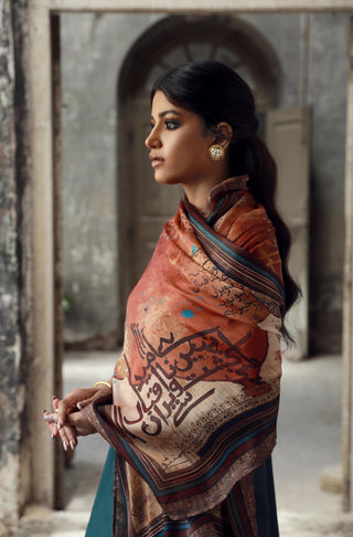 Manto Women's Crinkle Silk Rust Dasht Scarf featuring Urdu Calligraphy of Words by Allama Iqbal