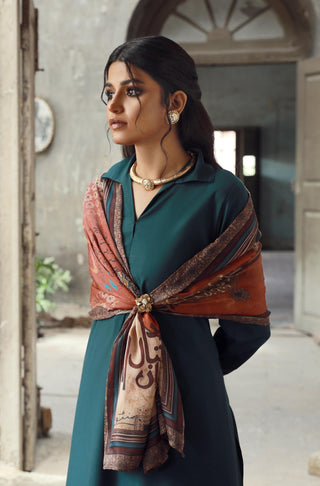 Manto Women's Crinkle Silk Rust Dasht Scarf featuring Urdu Calligraphy of Words by Allama Iqbal