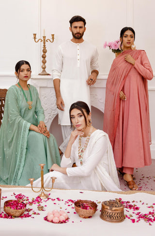 Shopmanto, wear manto, manto clothing brand, manto pakistan, ladies clothing brand, urdu calligraphy clothing, manto sage green colour solid women jahaan anarkali 2 piece co-ord set with chiffon dupatta