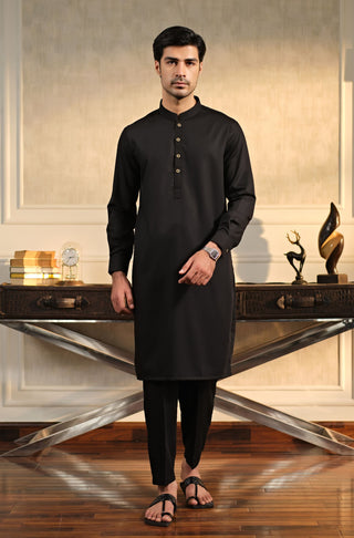 Manto Men's Jet Black Wash-n-Wear Sherwani Collar Kurta & Pajama Set