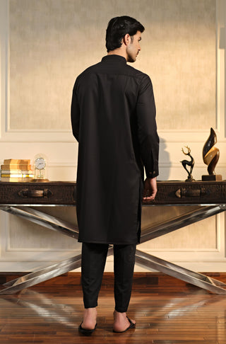 Manto Men's Jet Black Wash-n-Wear Sherwani Collar Kurta & Pajama Set