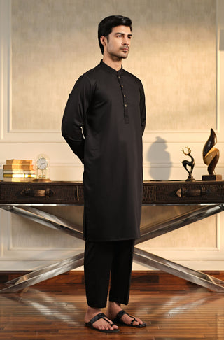 Manto Men's Jet Black Wash-n-Wear Sherwani Collar Kurta & Pajama Set