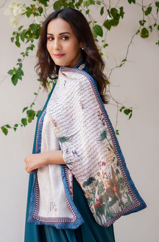 Manto Women's Stitched 1 Piece Crepe Silk Beige & Blue Khwahish Stole Featuring Poetry of Behzad Lucknavi