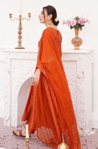 Shopmanto, wear manto, manto clothing brand, manto pakistan, ladies clothing brand, urdu calligraphy clothing, manto burnt orange colour solid women jahaan embroidered chiffon dupatta with solid 2 piece co-ord set, dupatta