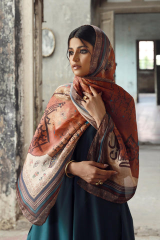 Manto Women's Crinkle Silk Rust Dasht Scarf featuring Urdu Calligraphy of Words by Allama Iqbal