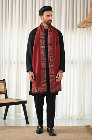 Manto's Unisex Maroon Manzil Shawl with Printed Borders