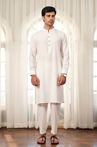 Manto Men's Cloud White Wash-n-Wear Sherwani Collar Kurta & Pajama Set