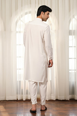 Manto Men's Cloud White Wash-n-Wear Sherwani Collar Kurta & Pajama Set