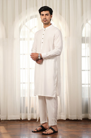 Manto Men's Cloud White Wash-n-Wear Sherwani Collar Kurta & Pajama Set