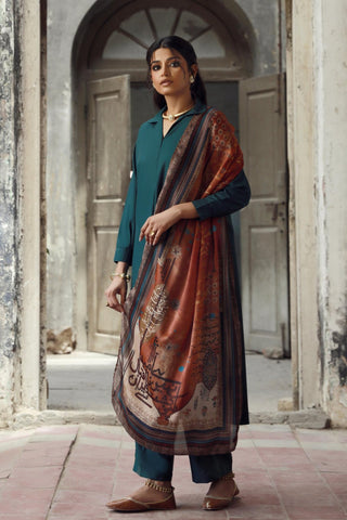 Manto Women's Crinkle Silk Rust Dasht Scarf featuring Urdu Calligraphy of Words by Allama Iqbal Paired with Deep Teal Solid Co-Ord Set
