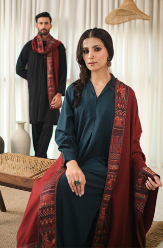 Manto's Unisex Maroon Manzil Shawl with Printed Borders