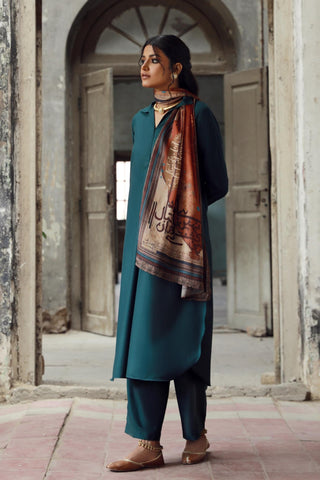 Manto Women's Crinkle Silk Rust Dasht Scarf featuring Urdu Calligraphy of Words by Allama Iqbal Paired with Deep Teal Solid Co-Ord Set