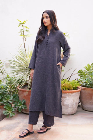 Manto Women's 2 Piece Black Solid Kalidaar Co-ord Set with Paneled Shirt and Loose Fit Trouser