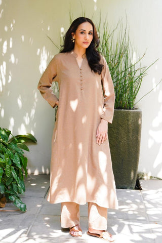 Manto Women's 2 Piece Sandy Beige Solid Kalidaar Co-ord with Paneled Shirt & Straight Pants