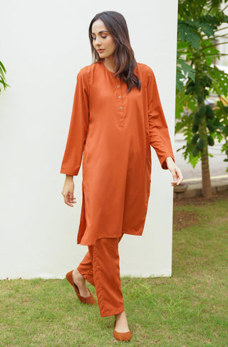 Manto Women's Two Piece Solid Orange Co-Ord Set