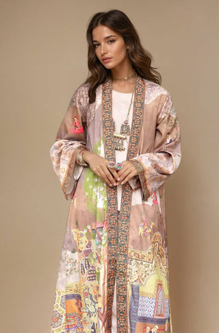 Manto Women's Grey Printed Outerwear Long Shrug with Illustrations & Urdu Calligraphy