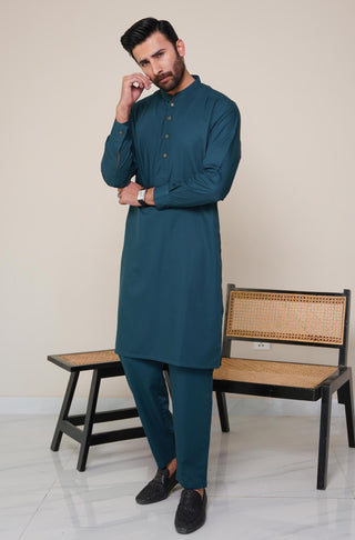 Shopmanto, wear manto, manto clothing brand, manto pakistan, ladies clothing brand, urdu calligraphy clothing, OG wearmanto men's collection wash n wear sherwani collar 2 piece solid deep teal colour kurta and pajama