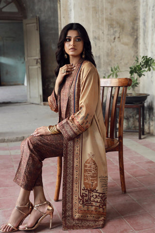 Manto Women's Outerwear Jacquard Coat featuring Urdu Calligraphy of Words by Allama Iqbal Paired with 2 Piece Matching Co-ord Set