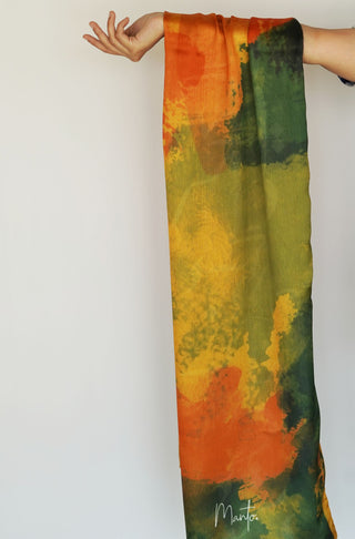 Manto Women's Orange Crinkle Silk Scarf with Urdu Calligraphy