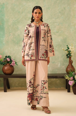 Women's Beige Floral Printed Outerwear Jacket Paired with Beige Pants