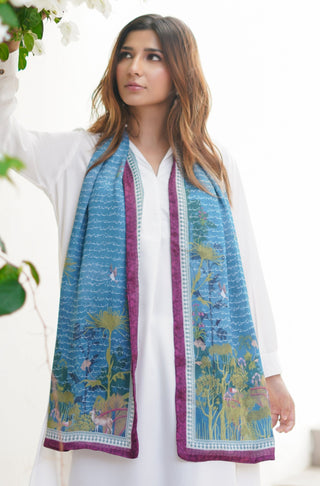 Manto Women's Stitched 1 Piece Crepe Silk Teal & Magenta Khwahish Stole Featuring Poetry of Behzad Lucknavi