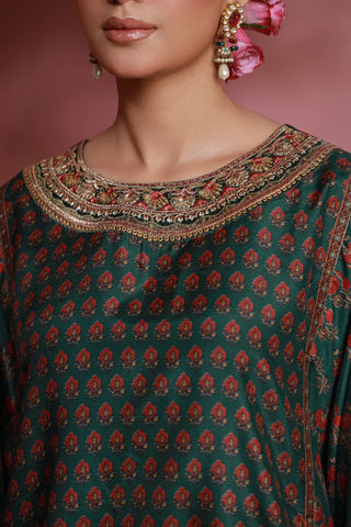 Manto Women's Ready to wear Deep Green Festive Wear 3 Piece Set with Urdu Calligraphy