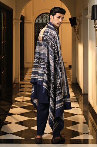 Manto's Unisec Blue & White Shawl with Urdu Calligraphy