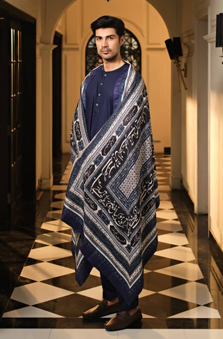 Manto Men's Midnight Blue Lucknow Style Collar Wash-n-Wear Kurta & Pajama Set Paired with Rashk Shawl