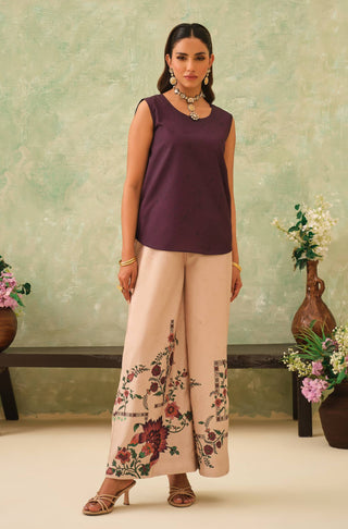 Manto Women's Beige Floral Printed Wide Leg Pants Paired with Purple Sleeveless Top