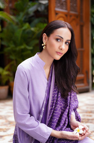 Manto Women's 2 Piece Soft Lavender Solid Kalidaar Co-ord Paired with Purple Sitaray Odhni