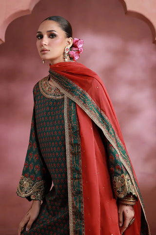 Manto Women's Ready to wear Deep Green Festive Wear 3 Piece Set with Urdu Calligraphy