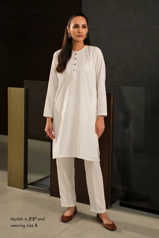 Manto Women's Ready to Wear 2-Piece White Solid Co-ord Set with Lucknow Style Collar