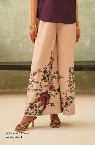 Manto Women's Beige Floral Printed Wide Leg Pants