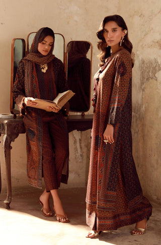 Manto Women's Ready to Wear Brown Outerwear Long Shrug & Co-Ord Set with Urdu Calligraphy