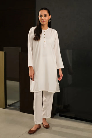 Manto Women's Ready to Wear 2-Piece White Solid Co-ord Set with Lucknow Style Collar