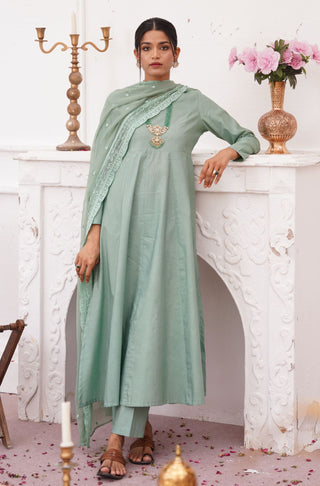 Shopmanto, wear manto, manto clothing brand, manto pakistan, ladies clothing brand, urdu calligraphy clothing, manto sage green colour solid women jahaan embroidered chiffon dupatta with solid 2 piece co-ord set, dupatta