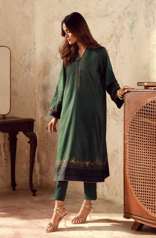 Manto Women's Ready to Wear 3 Piece Green & Black Co-Ord Set with Urdu Calligraphy