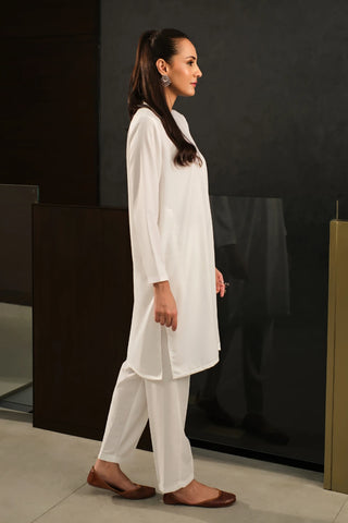 Manto Women's Ready to Wear 2-Piece White Solid Co-ord Set with Lucknow Style Collar