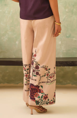 Manto Women's Beige Floral Printed Wide Leg Pants