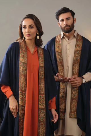 Manto's Unisex Blue Acrylic Cape with Printed Borders