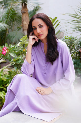 Manto Women's 2 Piece Soft Lavender Solid Kalidaar Co-ord with Loop Buttons on the Neckline